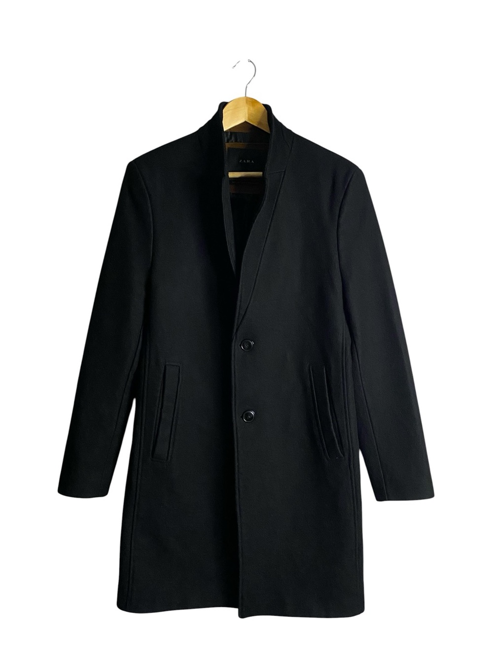 Zara Men's Black Single-Breasted Lapel Wool Overcoat